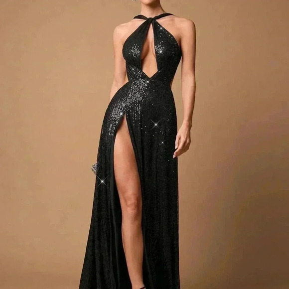 Black Elegant Womens Glitter Sequin Party Dress with Hollow Tie-Up Design & Slit - Picture 3 of 9